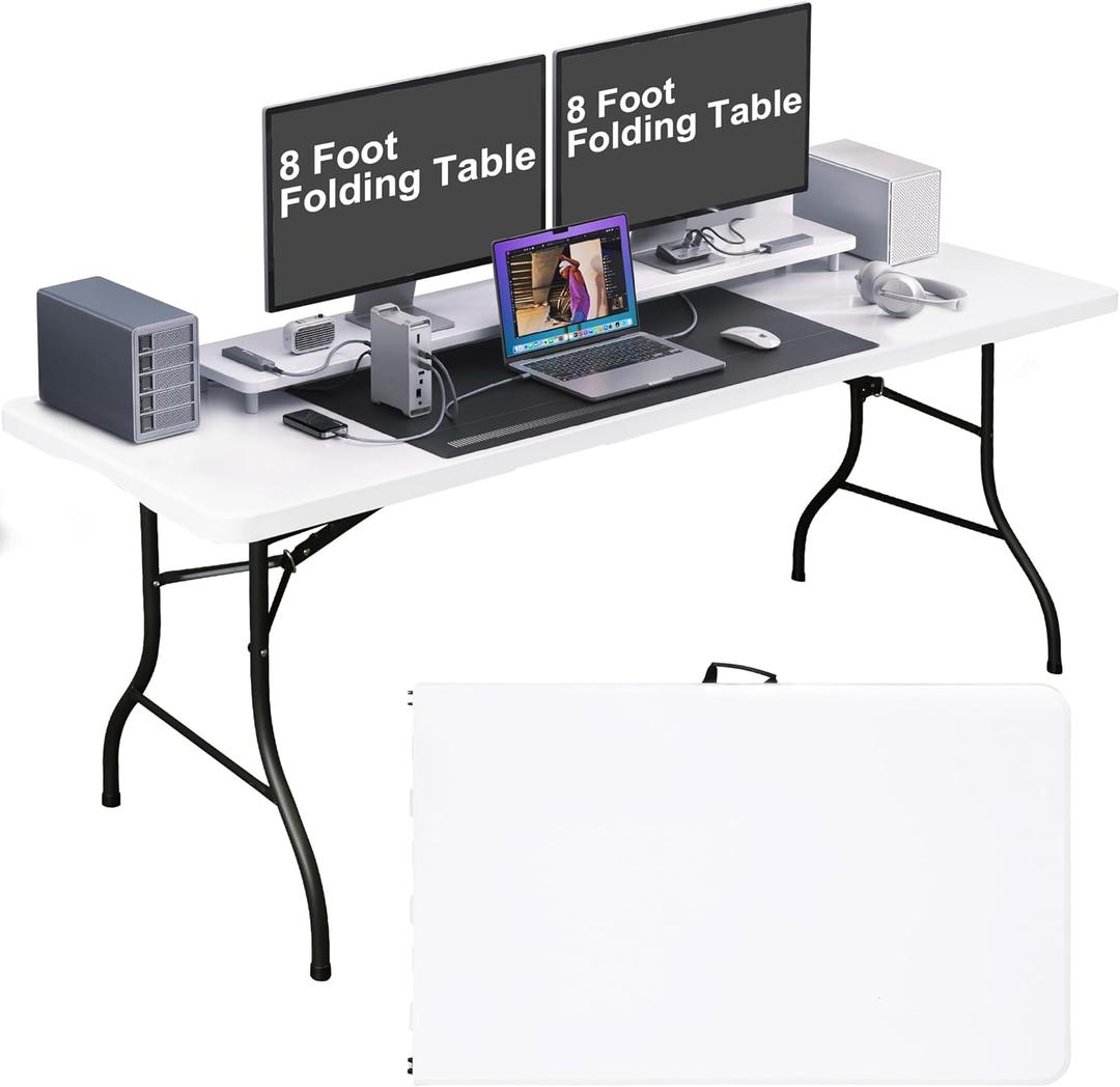 8FT Folding Table Plastic Folding Table Indoor & Outdoor for Picnic, Camping, BBQ and Party, Reinforced Steel Frame, Easy to Carry, White