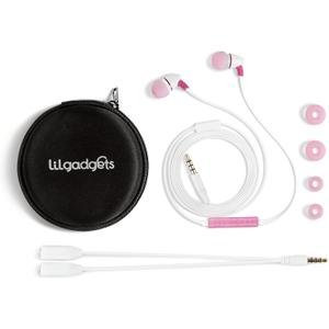 LilGadgets Wired Ear Buds for Kids - Safe & Comfortable, Volume Limited, Wired Earbuds for Kids with an in-Line Microphone, Travel Case, and Splitter - Pink