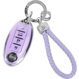 COGEEK Key Fob Cover with Bling Lanyard, Compatible with Nissan Altima Rogue Sentra Pathfinder Maxima Titan Murano Kicks Soft TPU Smart Key Shell Holder 4 Buttons (Purple)