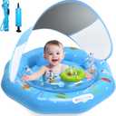 Baby Pool Float with Canopy & Toy Console,Adjustable Safe Seat,Removable UPF50+ Sunshade,Infant Pool Float for 6-36 Months,Baby Floaties 6-12 Months with Safety Handle & Rope for Pool,Sea