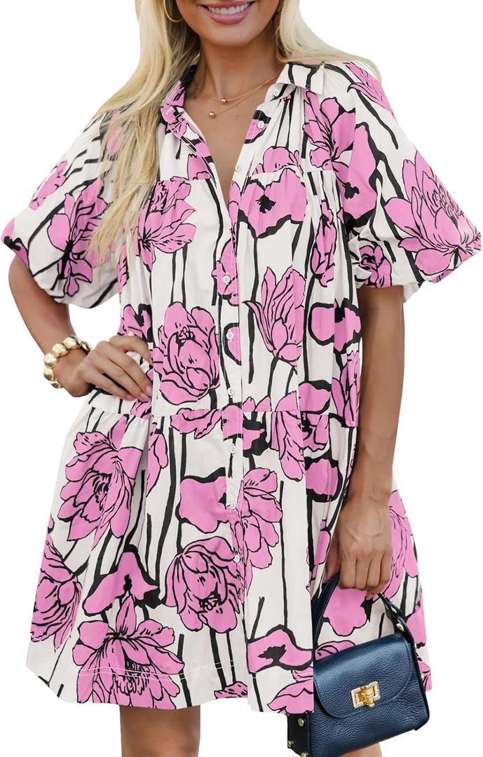 Women's Summer Short Puff Sleeve Floral Dress Button Down Loose Fit Casual Shirt Dresses (XL)