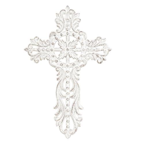 Sungmor Cast Iron Cross Wall Decor - Pretty & Ornate Metal Art, Vintage Decorative Outdoor Hanging, Rustic White Religious Sculpture for Farmhouse Home