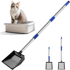 JAMIEWIN Extendable Metal Cat Litter Scoop, Long Handle Litter Sifting Shovel, 21"-39.5" No Bending Back Cat Scooper for Litter Box Heavy Duty Pet Poop Shovel Chicken Poop Scooper