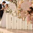 Zacxya 3 Pack White Cylinder Stands for Party, Foldable Cardboard Cylinder Pedestal Stands with 11.8" Acrylic Plates, 15.7", 23.6", 31.5" Cake Cylinder Display, Cylinder Tables for Parties