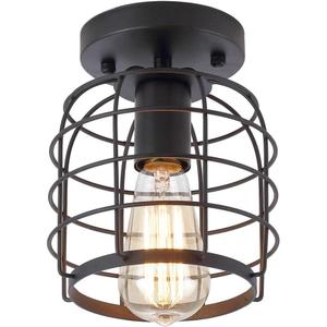 Create For Life Industrial Vintage Flush Mount Ceiling Light,Rustic Metal Cage Pendant Lighting Lamp Fixture for Hallway Stairway Kitchen Garage, E26, Black Painting Finish