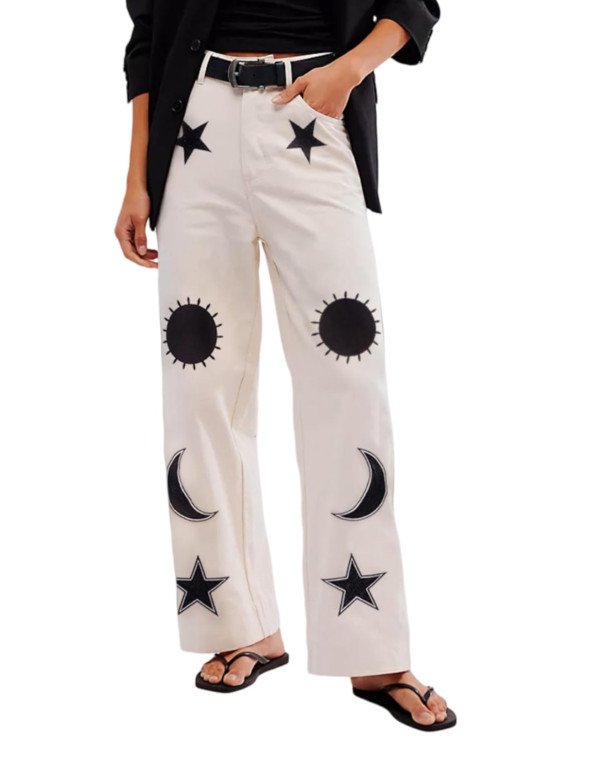Kedera Women's Causal Star Embroidered Denim Pants Vintage Boyfriend Barrel Jeans Wide Leg Baggy Pants Y2k (Small)