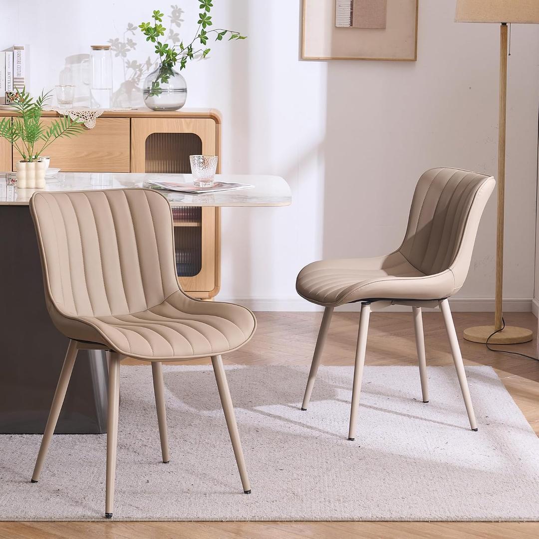 YOUNUOKE Mid-Century Modern Dining Chairs Set of 2, Khaki PU Leather Upholstered Kitchen Chairs with Khaki Metal Legs, Armless Accent Chair for Dining Room, Guest Reception Room, 1.61' X 1.58' X 2.59'