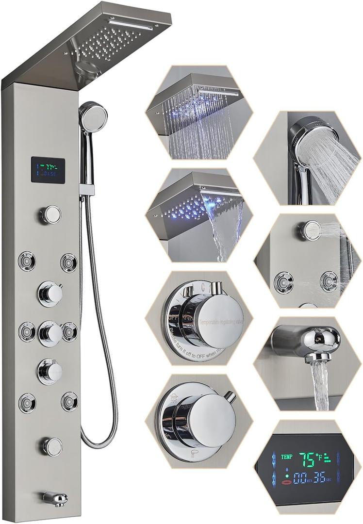 Contemporary Shower Panel Wall Mounted Shower Tower Rainfall Waterfall Showerhead Full Body Shower System with Adjust-angle Shower Jets Bathroom Shower Panels Stainless Steel, Brushed Nickel (Burshed)