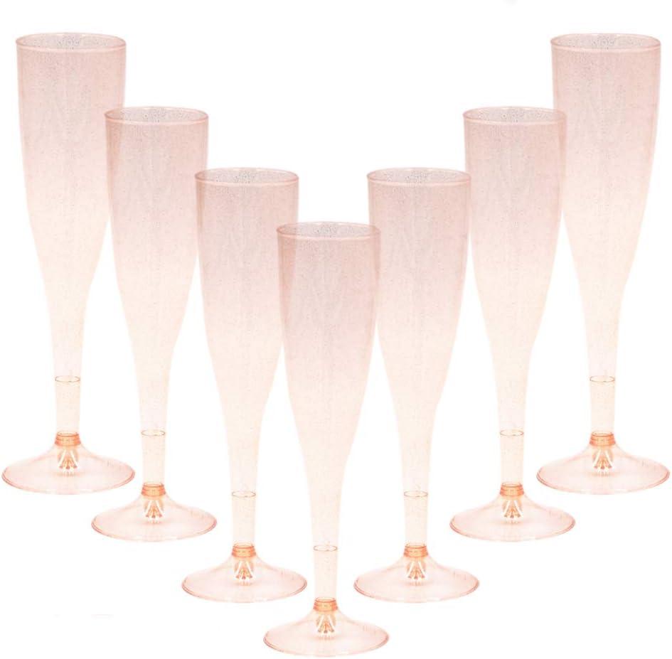 Homy Feel Rose Gold Glitter Plastic Champagne Flutes 30 Pack, 6.5 OZ Disposable Plastic Wine Glasses, Reusable Champagne Glasses, Mimosa Bar Glasses for Bridal Shower Birthday New Year Christmas