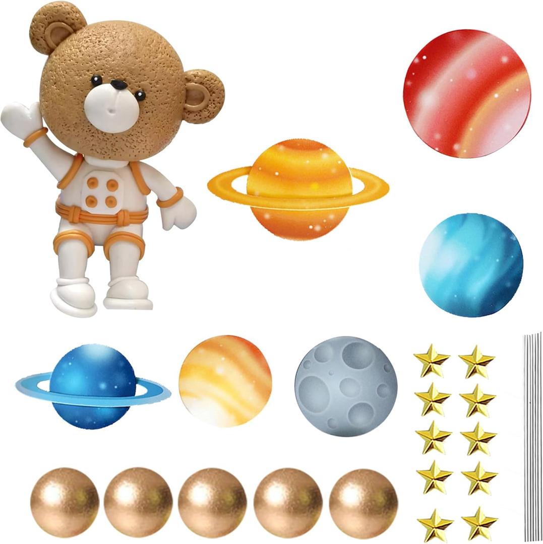 Bear Cake Toppers Space Balls Cake Decorations for Baby Shower Bear Themed Birthday Party Decorations (Space bear)
