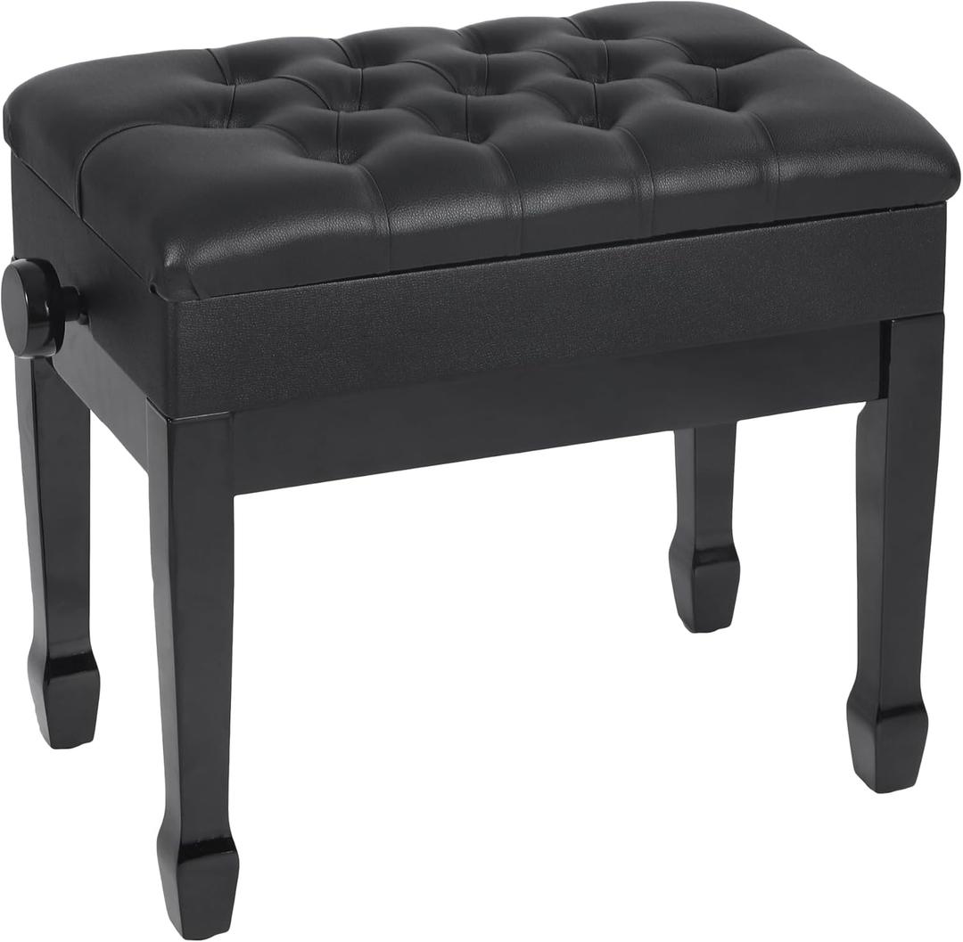 Adjustable Height Piano Bench with Storage, Heavy Duty Wooden Piano Stool Keyboard Bench with PU Leather Cushion, Black
