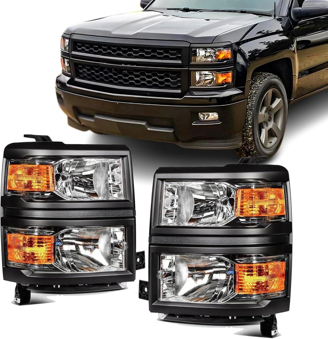 Headlights Assembly for 2014 2015 Chevy Silverado 1500 Halogen Head Light Headlamp Replacement Driver and Passenger Side, Black Housing Amber Side