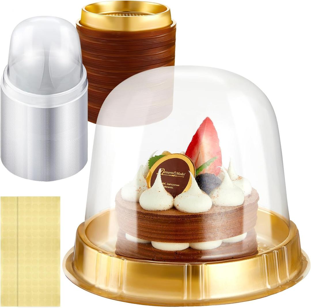 Mimorou Individual Cupcake Boxes Clear Plastic Cupcake Containers Disposable Single Holder with Lid Tall Cake Carrier 5.3 Inch Diameter 4.3 Inch Height with Stickers for Wedding (Gold, 50pcs)
