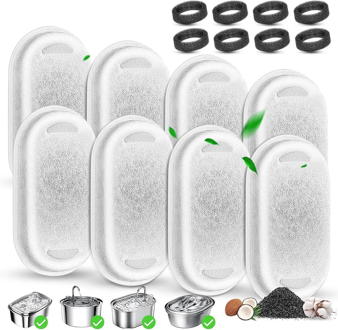 Cat Water Fountain Filter Replacement, 8 Pcs Pet Water Fountain Filters with 8 Pcs Sponges Foam for 67oz/2L & 108oz/3.2L Stainless Steel Automatic Cat Water Fountain Dispenser Filters