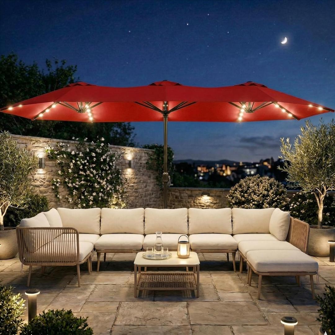 15FT Large Outdoor Patio Umbrella with Solar Lights and Base, Double-Sided Table Umbrellas with 48 LED Lights, Rectangle Market Umbrella for Pool, Deck, Backyard