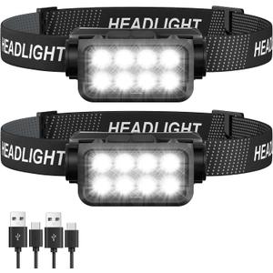 Rechargeable Headlamp Flashlight 2-Pack, 8 LED 2500 Lumen Ultra-Light Bright Headlight with Motion Sensor, Waterproof Lightweight Head Lamp for Adult Kid, Headlamps for Outdoor Camping Running Fishing