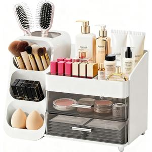 Bathroom Countertop Makeup Organizer with Brush Holder, Large Cosmetic make up storage organizers with 2 Drawers for Vanity Counter top, Makeup Caddy for skincare, lipsticks, hairbrush