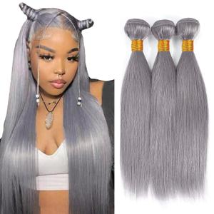 12 14 16 Inch Gray Bundles Straight 3 Bundles Human Hair Brazilian Remy Hair 50 Grams/Bundle 10A Grade Unprocessed Virgin Hairs Silver Grey Color Straight Bundle Weaves Extensions