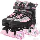 MammyGol Roller Skates for Kids Boys Girls, Adjustable Quad Skates with Light Up Wheels for Kids Ages, Beginners Outdoor Sports (Large - Youth (3-6), Pink)