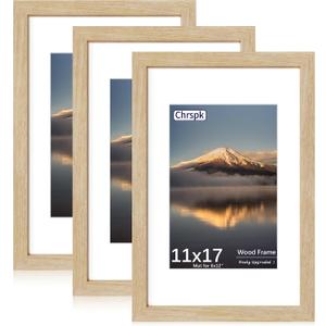 11x17 Poster Frame, Natural Oak Wood Frame with 8x12 Mat, 3 Pack