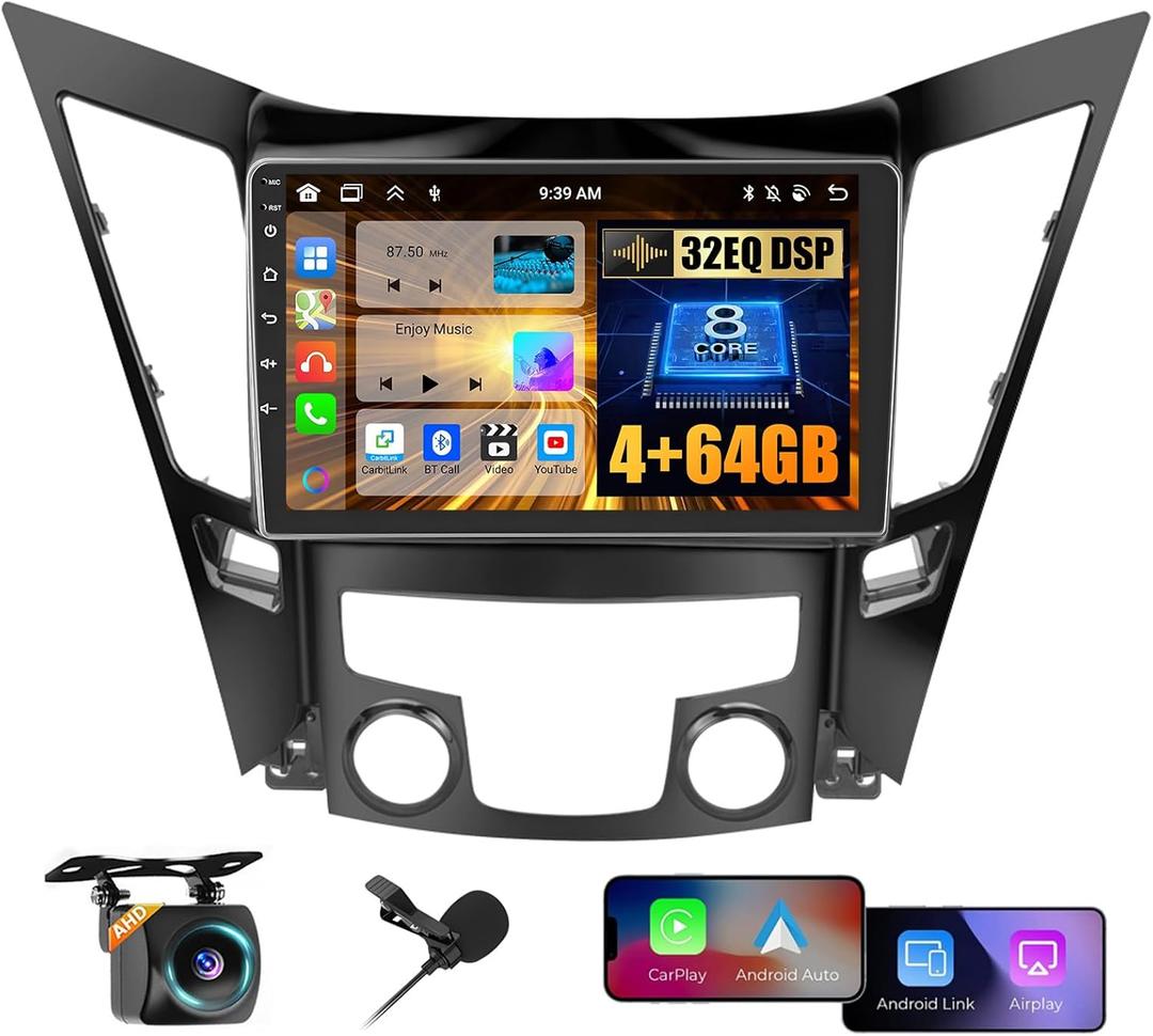 for Hyundai Sonata 2010-2015 Android Car Stereo with Wireless Carplay, 8 Core 4+64GB 9 Inch IPS Touchscreen Car Radio 59UI GPS Navigation WiFi 32EQ DSP Backup Camrea