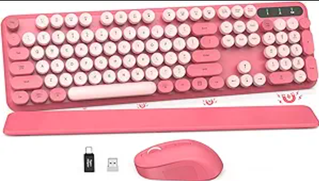 Wireless Keyboard and Mouse Combo - Round Keycaps, Full-Size Retro Typewriter Keyboard with Detachable Wrist Rest, Sleep Mode & Tilt Legs, 2.4GHz Cordless Connection for Mac/Windows/PC (Hot Pink)
