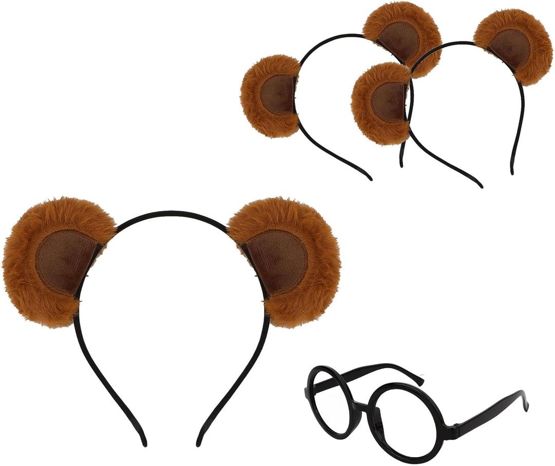 3 Chipmunk Headbands and 1 Round EyeGlasses Frame Bear Ears with Non-Lens Glasses