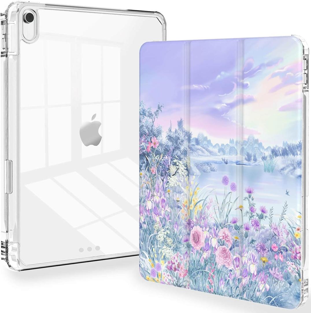 Feams for iPad A16 11th Generation 11 Inch Case 2025, iPad 10th Generation 10.9 Inch 2022, Slim Clear Back Cover with Pencil Holder & Auto Sleep, Purple Garden