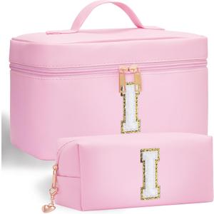 initial makeup bag, 2pcs initial makeup cosmetic toiletry bags for women girls, Leather custom monogram personalized cosmetic bag, Birthday Gifts for 4 5 6 7 8 9 10 11 12 Year Old (I)