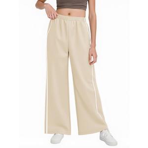 Haloumoning Girls Wide Leg Track Pants Kids Baggy Striped Parachute Pants Athletic Joggers with Pockets 5-14Y Beige
