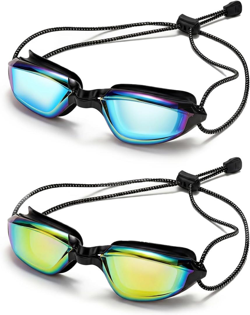 3 x Aegend Swimming Goggles with Adjustable Bungee Strap, No Leak Anti-Fog UV Protection Mirrored Swim Goggles for Adults