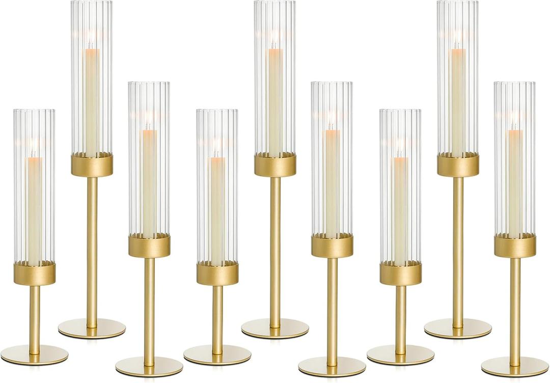 Gold Candle Holders Set of 9, Hurricane Brass Candlestick Holders for Taper Candles, Tall Candle Sticks Holder for Table Decor, Wedding, Party & Home Decorations