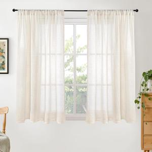 BGment Semi Sheer Linen Curtains 48 Inch Length for Windows, Beige Drapes Light Filtering for Short Bedroom Farmhouse Bathroom Cafe Decor Rustic Lightweight Rod Pocket, 2 Panels Set, 42 Inch Wide