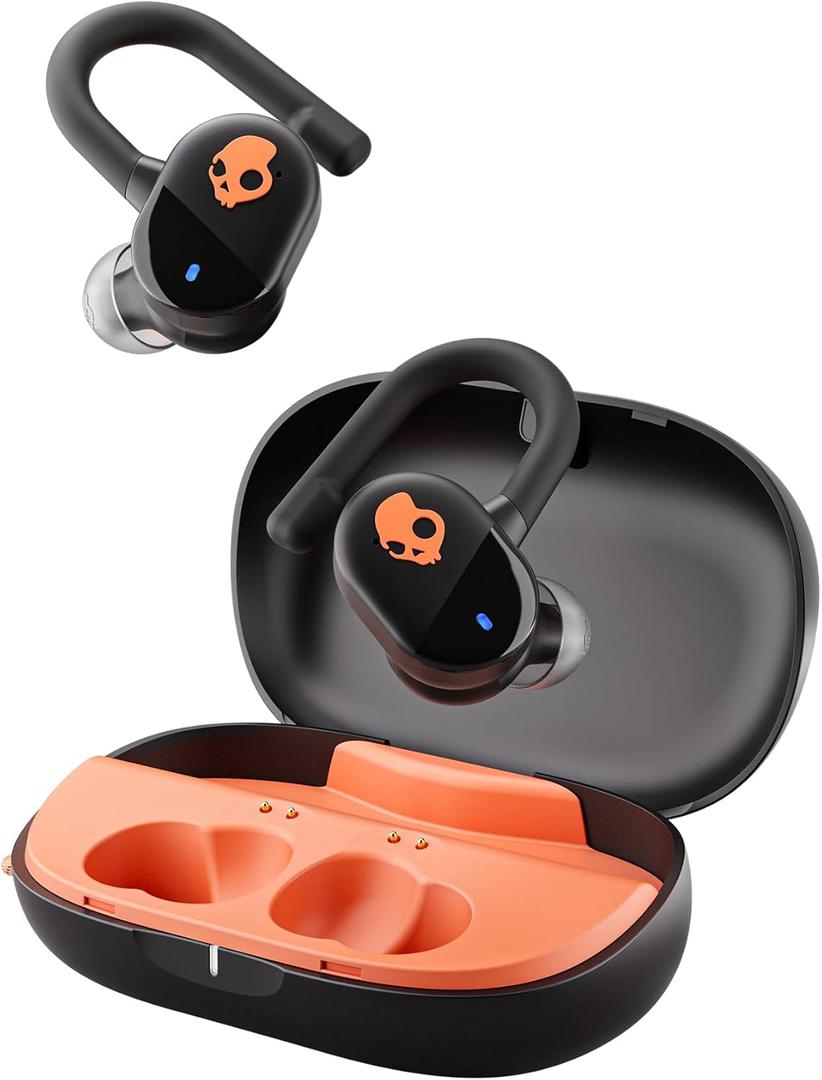 Skullcandy Push Play Active Wireless Earbuds, Bluetooth Headphones, Noise Isolating Fit, 34 Hrs Battery, Secure-Fit Over-Ear Hanger, Sweat Water Resistant, Microphone for iPhone Android - Black/ Orange
