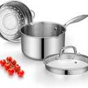 Tri-Ply Stainless Steel Sauce Pan with Steamer Basket & Straining Glass Lid Heavy-Duty,Thick Base,Rust-Resistant,Warp-Free 100% Food-Grade Built to Last Works with All Stovetops, Pasta Pot 3.5 QT