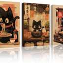 Pouydmi Japanese Cat Wall Art Black Cat Poster Eating Ramen Canvas Wall Decor Japan Tokyo Wall Art Funny Cat Prints Pictures Japanese Painting for Kitchen Bedroom 16x24x3 Inch Ready to Hang