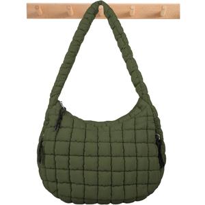 Quilted Puffer Tote Bag Large Crossbody Shoulder Bag with Zipper, Nylon Bubble Hobo Handbag Carryall Bag for Women (Medium, Darkgreen)