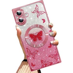 AIGOMARA Phone Case for iPhone 16 Plus [Compatible with MagSafe] Butterfly Design Glitter Bling Case Shockproof Scratch-Resistant Soft TPU Cover for Women - Pink