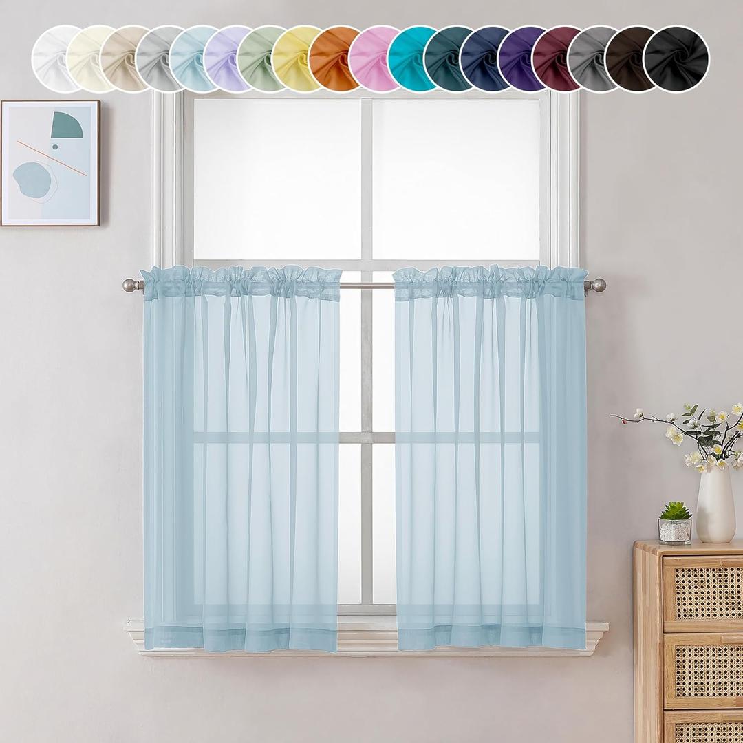 Chyhomenyc Sky Blue Sheer Curtains 36 inch Length 2 Panels, Light Filtering Voile Light Blue Short Window Curtains for Bathroom Living Room Farmhouse Small Windows, 42W x 36L inches