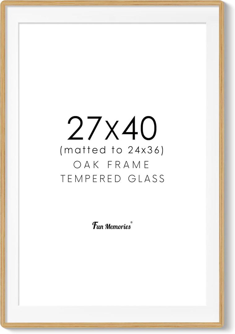 27x40 Picture Frame, 27 x 40 Poster Frame - Solid Oak Wood, 27 by 40 Frame with Tempered Glass, 27"x40" Wood Frame with Mat for 24"x36", Minimalist 27x40 Frames for Wall, Natural Oak Color, 1 Pack (Oak, Round Corner)