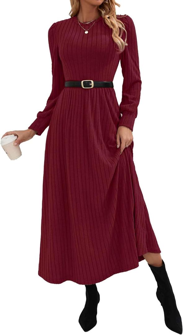 Redomo Women red Ribbed Knit Maxi Dress with Long Sleeves, Casual Holiday Celebration Wear, no Belt, A line Outfits Clothes, Large