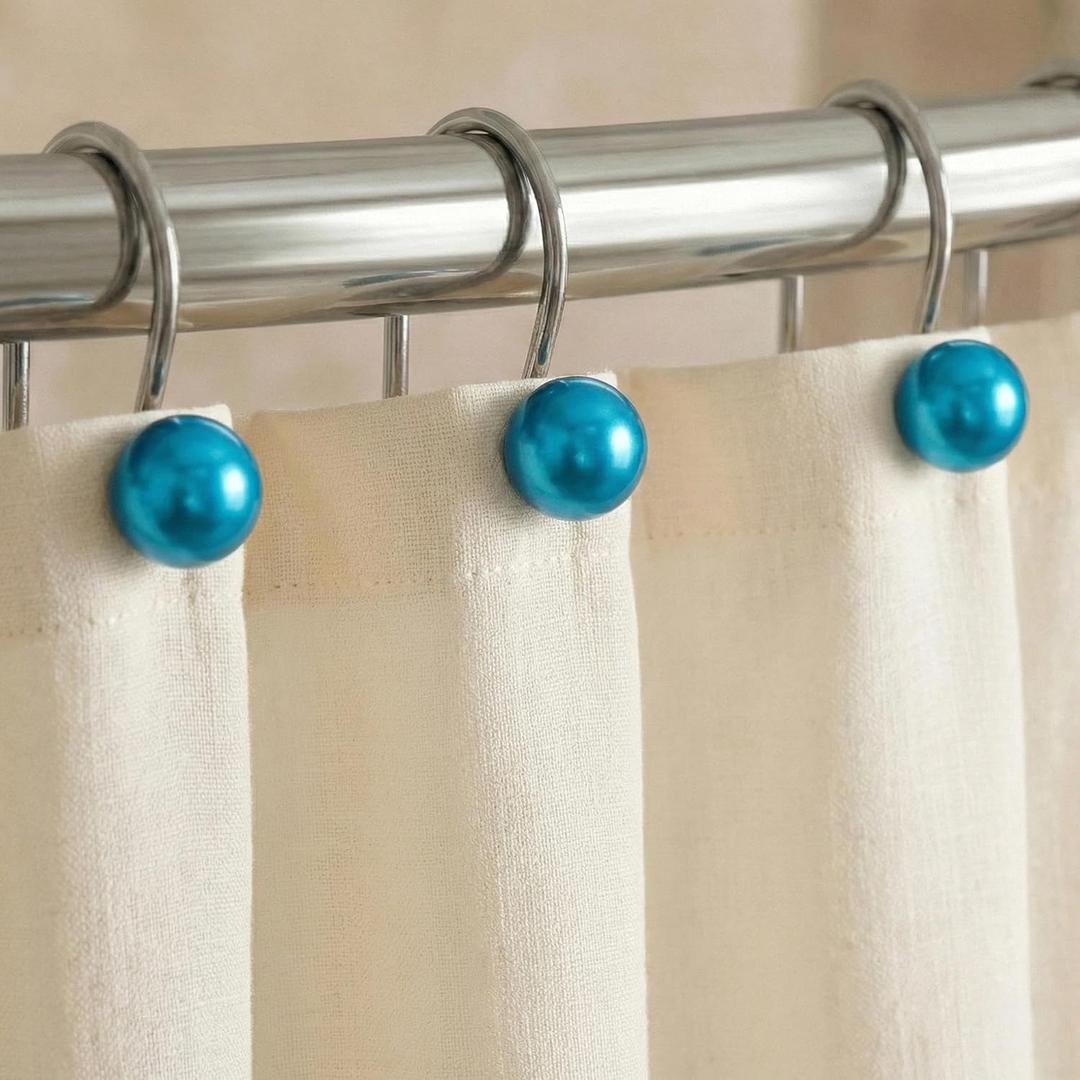 Teal Blue Shower Curtain Hooks : 12 Pcs Turquoise Aqua Pearl Ball Design Rustproof Stainless Steel Rings Decorative Bathroom Accessories for Boho Coastal & Modern Dcor