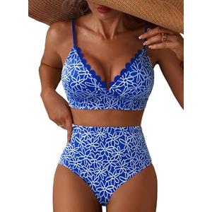 Herseas Women's Embroidered Flowers Bikini Sets Scalloped V Neck Swimsuits High Waisted Bathing Suits, S Size