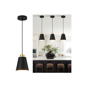Matte Black Mini Pendant Light 7.87in Cone Kitchen Island Pendant Lighting with Gold Modern Hollow Shade Hanging Light Fixture for Kitchen Dining Room Bar 63" Adjustable Cord, 1 PCS