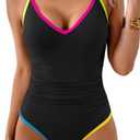 Aidonger One Piece Swimsuit for Women Tummy Control Slimming Bathing Suit Color Block V Neck Swimwear, Size: M
