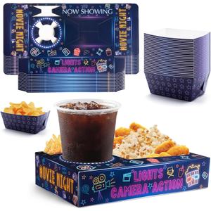 48Pcs Neon Glow Party Supplies Movie Night Paper Snack Trays Glow Party Decorations Movie Night Party Vintage Birthday Party Favors Family Movie Popcorn&Drink&Candy Box
