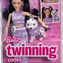 Barbie Twinning Looks Doll with Pet Dog in Matching Purple Daisy Clothes and Accessories for Both Like Flowers and Belt Bags, Black Hair