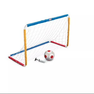 Little Tikes Easy Score Soccer Set box.
Product: The box contains a Little Tikes Easy Score Soccer Set, which includes a large 2.5' x 4' goal, a ball, and an air pump.