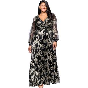 Betsy & Adam Women's Metallic Knit V Neck Ruched Long Sleeve Floor Length Dress (Plus) (Black/Gold) Size 22w