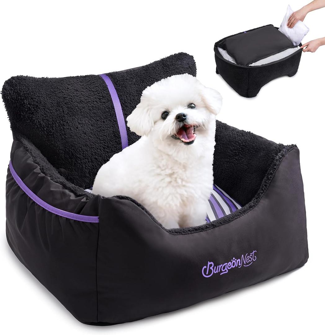 BurgeonNest Dog Car Seat for Small Dogs, Detachable and Washable Cat Carseats Under 25 lbs, Soft Pet Booster Seats with Storage Pockets and Clip-On Leash Portable Car Travel Carrier Bed, Black Purple, Small